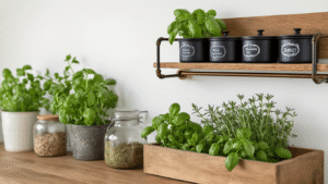 DIY Kruidenrek voor de Keuken: Zelf Maken in een Paar Simpele Stappen Close-up van een zelfgemaakt kruidenrek met magnetische zwarte potjes, krijtlabels, rustieke houten planken met verse kruiden, koperen pijp rails, en vintage glazen potten, gefotografeerd in warme ochtendverlichting tegen een witte muur.