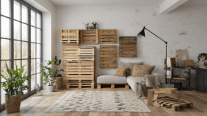 DIY Opbergoplossingen voor Woonkamer: Meer Ruimte zonder Gedoe Ultra-realistische Nederlandse woonkamer met een DIY opbergsysteem van houten kratjes en metalen rekken, een vintage pallet wandmeubel met LED-achterverlichting, en een natuurlijke eiken vloer onder zachte ochtendzon.