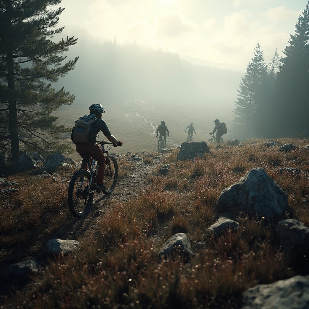 Ontdek de Ultieme Uitstapjes in Drenthe: Een Volwassen Avontuur vol Verrassingen! Adembenemend avontuurlijk landschap in Drenthe met uitgestrekte heidevelden, ruige mountainbiketrails door oude bossen, technische mountainbike-uitrusting in de voorgrond, mistig ochtendlicht dat door de dennenbomen filtert, rotsachtige paden, met heide bedekte grond, en silhouetten van fietsers die uitdagend terrein navigeren.
