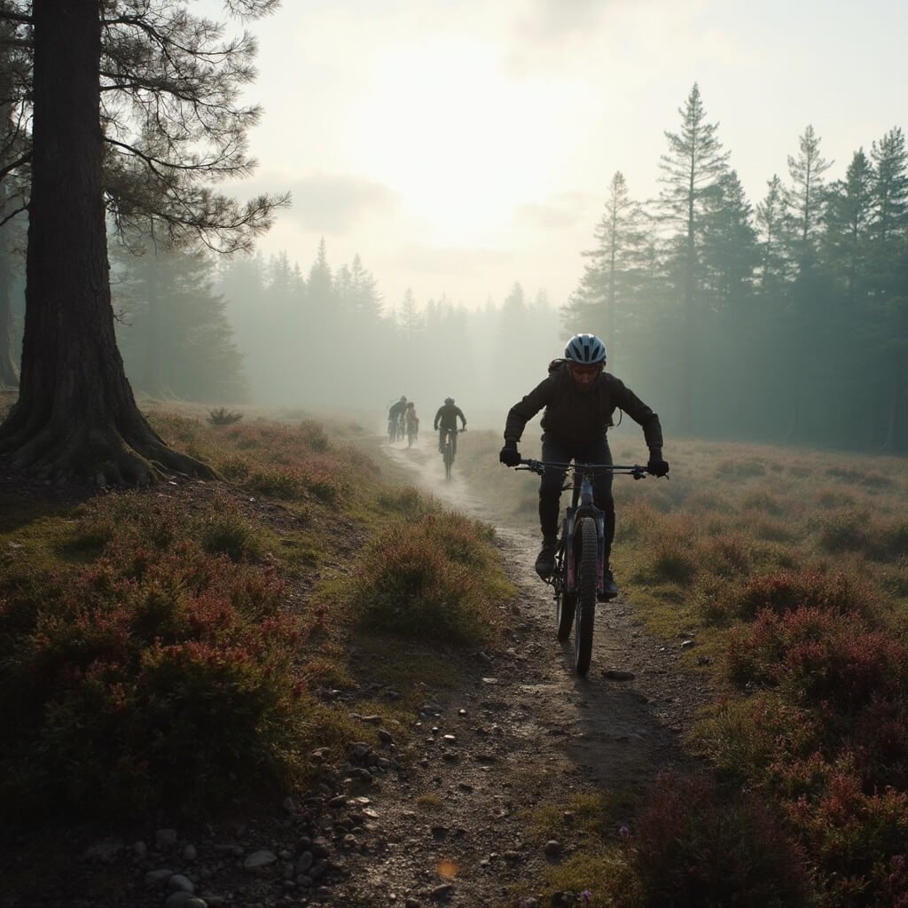 Ontdek de Ultieme Uitstapjes in Drenthe: Een Volwassen Avontuur vol Verrassingen! Dramatic outdoor landscape in Drenthe featuring expansive heathland with mountain bike trails, misty morning light filtering through pine trees, and cyclists navigating rocky pathways amidst heather-covered ground.