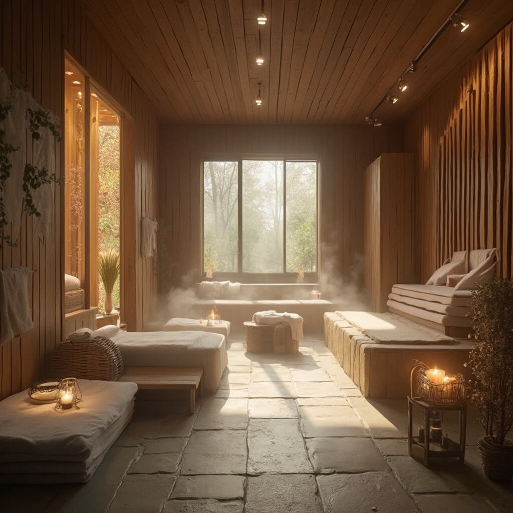 Ontdek de Ultieme Uitstapjes in Drenthe: Een Volwassen Avontuur vol Verrassingen! Fotorealistisch beeld van een thermaal wellness spa in Drenthe, met een serene binnenruimte in traditionele Nederlandse sauna-architectuur, zachte sfeerverlichting, natuurlijke houten elementen, stijgende stoom uit sauna-gebieden, een rustgevende sfeer met zachte handdoeken en ontspanningszones, authentiek Saksische boerderij-inspiratie, die moderne wellness met rustieke regionale elementen verbindt, in een rijke aardetint van bruin, zacht groen en warme ambiënte tonen.