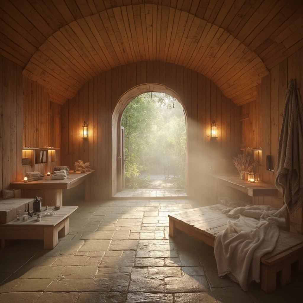 Ontdek de Ultieme Uitstapjes in Drenthe: Een Volwassen Avontuur vol Verrassingen! A serene indoor thermal wellness spa in Drenthe featuring traditional Dutch sauna architecture, soft ambient lighting, natural wooden elements, and steam rising from sauna areas, complemented by soft towels and relaxation zones in an authentic Saksische farmhouse-inspired design with a rich earthy color palette of browns and soft greens.