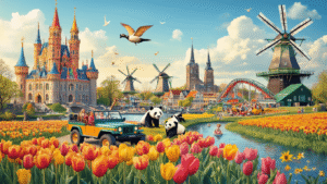Leuke Uitstapjes Nederland: Ontdek de Verborgen Parels van Nederlandse Pret! Vibrant collage of Dutch attractions featuring Efteling’s fairy tale castle, Beekse Bergen safari jeep, playful pandas at Ouwehands Dierenpark, miniature landmarks from Madurodam, Van Gogh's Sunflowers in a light show, families at Walibi Holland, framed by tulip fields and windmills, in bright colors and a whimsical style.
