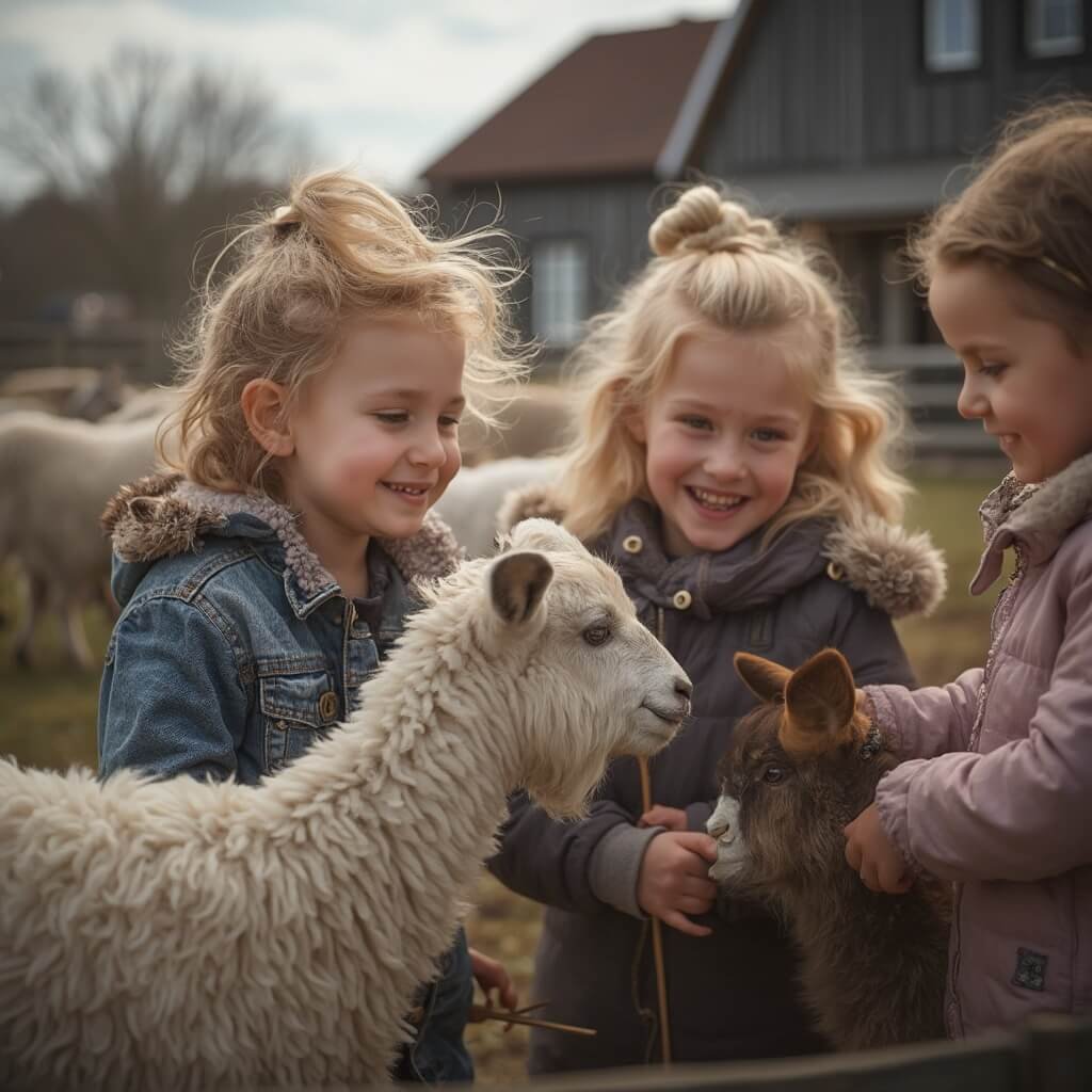 Gratis Uitjes met Kids in Noord-Brabant: Ontdek Avonturen die Je Budget Niet Breken! Documentaire-stijl fotografie van een typisch Nederlands kinderboerderij met een authentieke landelijke achtergrond uit Noord-Brabant. Jongeren interactie met lieve boerderijdieren zoals geiten, schapen en pony's, en hun blijheid en nieuwsgierigheid zijn zichtbaar. Zacht natuurlijk licht en houten hekken creëren een warme sfeer. Rustieke boerderij op de achtergrond en een zorgvuldige compositie van de jonge handen die de dieren aaien.