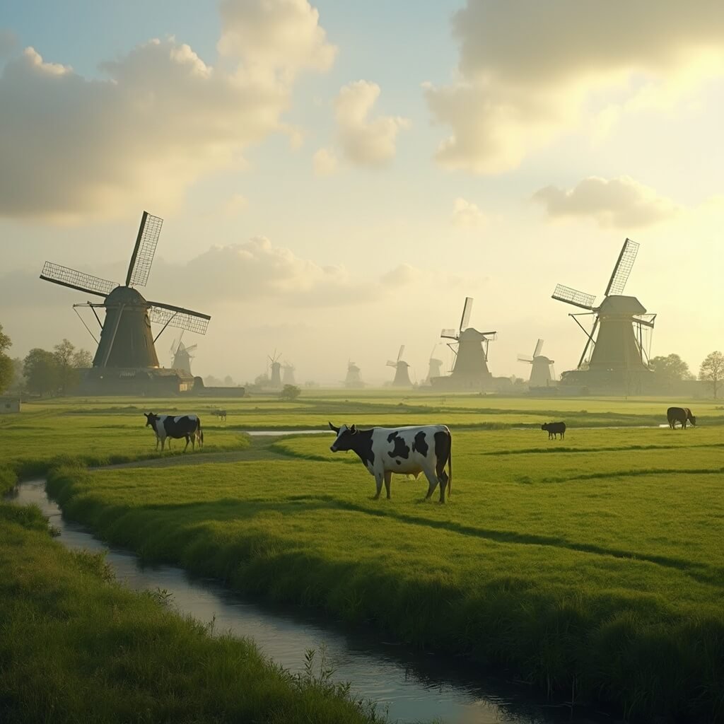 Dagtrips in Noord-Holland Photorealistic landscape of North Holland's rural countryside featuring green pastures, traditional windmills, grazing Holstein cows, winding canals, and soft golden afternoon light.