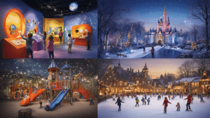 Ontdek de Coolste Uitjes met Kids: Waar Plezier en Avontuur Samenkomen! A vibrant collage depicting Dutch family attractions: children engaging with interactive museum exhibits, families surrounded by fairy-tale scenes at De Efteling, kids climbing playgrounds at Linnaeushof, excited children observing exotic animals in safari parks, and families ice skating outdoors, all set against picturesque Dutch landscapes with warm, joyful lighting.