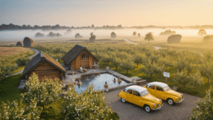 Ontdek de Ultieme Uitstapjes in Drenthe: Een Volwassen Avontuur vol Verrassingen! A serene wellness scene at a Saxon farmhouse spa in Drenthe, Netherlands, featuring wooden saunas amidst blooming apple orchards, people in outdoor thermal pools, vintage yellow DAF 33 cars, ancient hunebeds in the misty background, cycling paths through heather fields, and subtle signage for "Thermen Zuidwolde," all bathed in golden hour light.