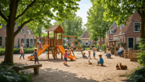 Gratis Uitjes met Kids in Noord-Brabant: Ontdek Avonturen die Je Budget Niet Breken! A vibrant playground scene in Noord-Brabant featuring Dutch children playing joyfully on wooden equipment, swings, and a sandbox, with lush green trees and parents watching nearby. Traditional brick buildings and a petting zoo with goats and rabbits are visible in the background, creating a warm, inviting atmosphere for a budget-friendly family day out.