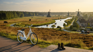Ontdek Nederland: De Ultieme Gids voor Onvergetelijke Uitstapjes A picturesque Dutch landscape with a white bicycle by a winding path in Hoge Veluwe National Park, surrounded by dense forests and heather fields, featuring wild boar silhouettes, traditional windmills in the background, and canal boats near thatched-roof houses in Giethoorn, with hiking boots on a boardwalk and e-scooters on country roads, all bathed in golden hour light.