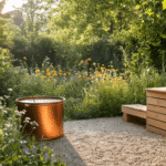 Duurzame Nederlandse tuin met een koperen regenton, houten compostbak, wilde bloemen, zonne-LED verlichting en een natuurlijke achtergrond.