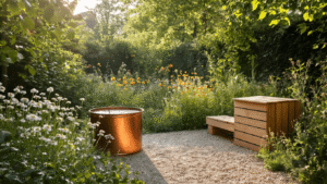Duurzaam Tuinieren: Creƫer een Groene Toekomst in Je Eigen Achtertuin Duurzame Nederlandse tuin met een koperen regenton, houten compostbak, wilde bloemen, zonne-LED verlichting en een natuurlijke achtergrond.