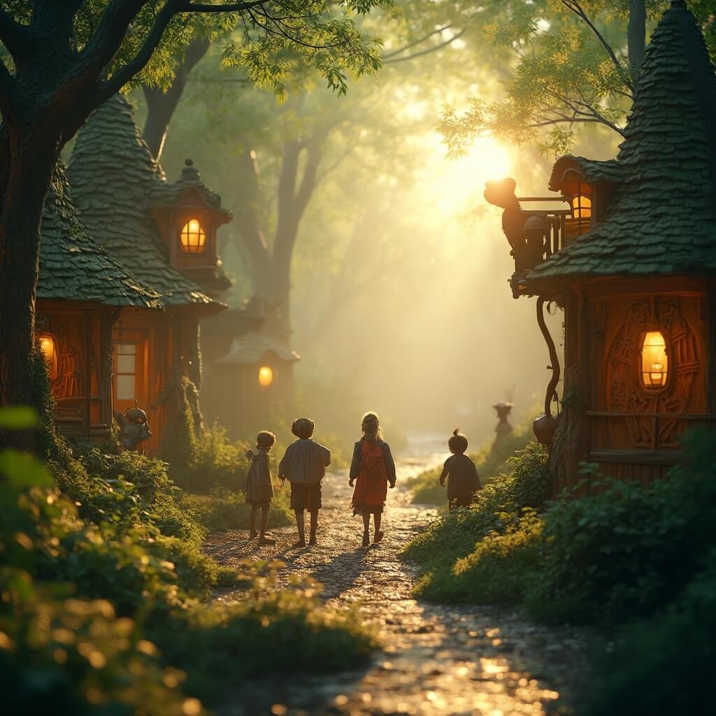 Ultieme Gids voor Gezinsuitstapjes in Brabant: Ontdek de Meest Magische Plekken voor Onvergetelijke Familiedagen! Ultragedetailleerde fotorealistische afbeelding van het Sprookjesbos in Efteling tijdens het gouden uur, met sprookjesachtige scènes, animatronische karakters, een weelderig groen landschap, magische verlichting, een dromerige sfeer, verwonderde gezichten van kinderen, gedetailleerde houtsnijwerken van personages en een cinematische scherptediepte.