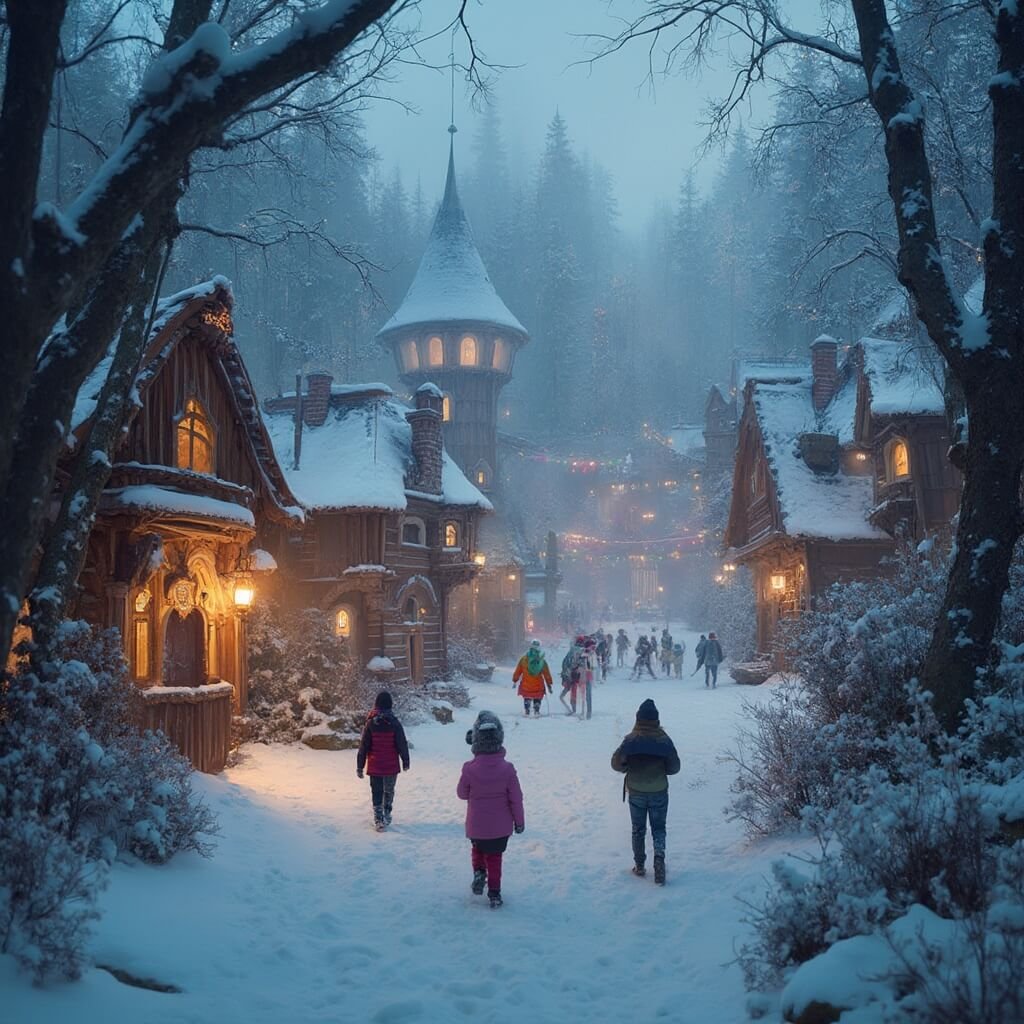 Ontdek de Coolste Uitjes met Kids: Waar Plezier en Avontuur Samenkomen! A winter theme park landscape at De Efteling, featuring snow-covered fairy tale buildings, illuminated pathways bustling with families in colorful winter attire, hidden magical creatures, and warm campfire glows, all captured in a cinematic, slightly desaturated color palette.