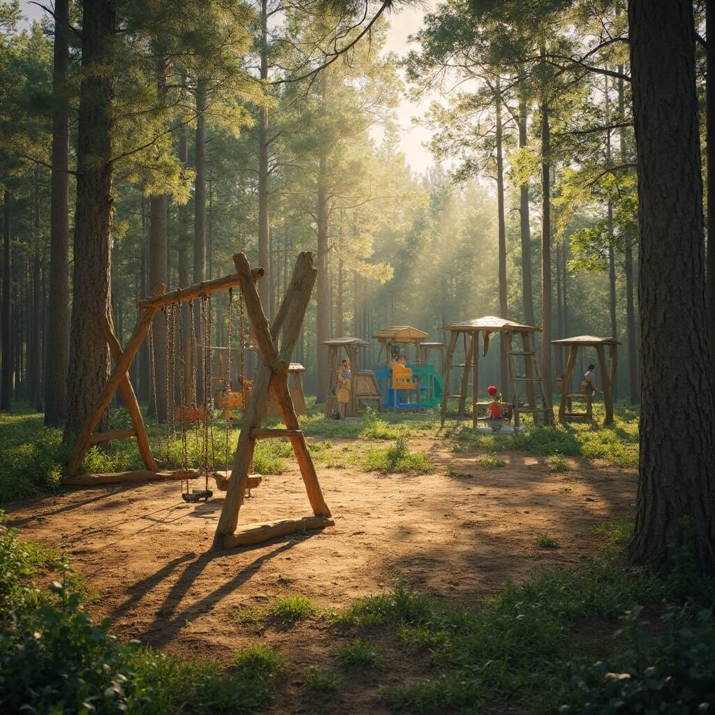 Gratis Uitjes met Kids in Noord-Brabant: Ontdek Avonturen die Je Budget Niet Breken! Photorealistic image of a rustic wooden playground in a North Brabant forest clearing, featuring empty swings, climbing frames, and sand play areas bathed in golden sunlight filtering through pine trees, highlighting the natural textures of the surroundings.