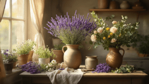 Bloemen Drogen voor Decoratie: 5 Methoden Die Echt Werken Ultragedetailleerde fotorealistische afbeelding van een Nederlandse boerderijkeuken met warme ochtendlicht, vintage houten tafel met droogbloemen, hangende lavendel, silicagel containers met rozen, bloemenpers met viooltjes, eucalyptus in een rustieke vaas, en geperste bloemen onder glazen stolp, met terracotta tegels en een beige lavendel kleurenpalet.