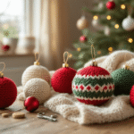 Gezellige Nederlandse woonkamer met gehaakte kerstballen in warme kleuren op een houten tafel, omringd door haakgaren in rood, groen en wit, knuffelvulling, kraaltjes en handwerk materialen, alles verlicht door natuurlijk daglicht tijdens het gouden uur.