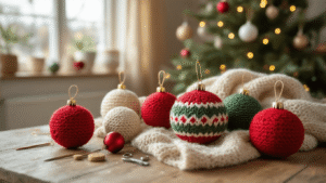 Kerstbal haken: Van beginners tot prachtige kerstversiering in één middag Gezellige Nederlandse woonkamer met gehaakte kerstballen in warme kleuren op een houten tafel, omringd door haakgaren in rood, groen en wit, knuffelvulling, kraaltjes en handwerk materialen, alles verlicht door natuurlijk daglicht tijdens het gouden uur.