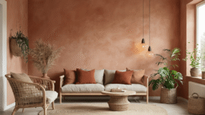 Budgettips voor een Gezellig Huis: Mijn Beproefde Trucs voor Sfeer zonder Geldstress Sfeervolle Nederlandse woonkamer met terracotta accentmuur, warme LED-verlichting, vintage meubels, planten en een knusse ambiance.