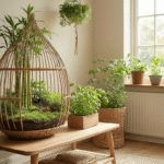 Gezellige Nederlandse woonkamer met groot raam en natuurlijk licht, terrarium op bijzettafel, bamboe wigwam met klimplanten, verticale kruidentuin in houten kratjes, zachte gordijnen, warme vloer en fauteuil, cinematische verlichting.