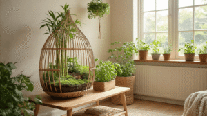 Mini Tuinprojecten voor Binnen en Buiten die Je Zelf Kunt Maken Gezellige Nederlandse woonkamer met groot raam en natuurlijk licht, terrarium op bijzettafel, bamboe wigwam met klimplanten, verticale kruidentuin in houten kratjes, zachte gordijnen, warme vloer en fauteuil, cinematische verlichting.