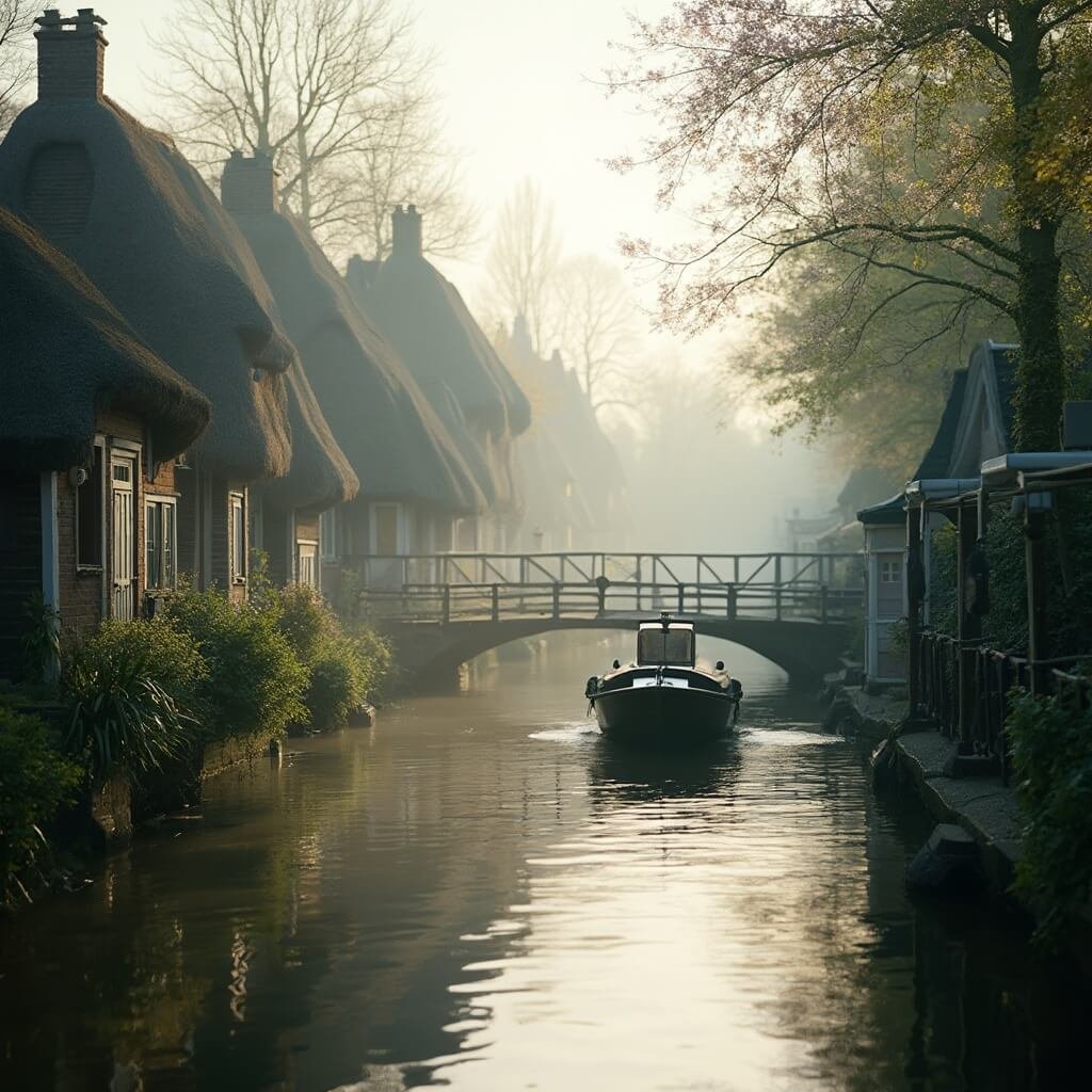Ontdek Nederland: De Ultieme Gids voor Onvergetelijke Uitstapjes Ethereal image of Giethoorn’s tranquil canals at dawn, featuring traditional thatched cottages and reflections on the water, with an electric boat gliding past intricate wooden bridges surrounded by lush greenery, embodying the serene Dutch village atmosphere.