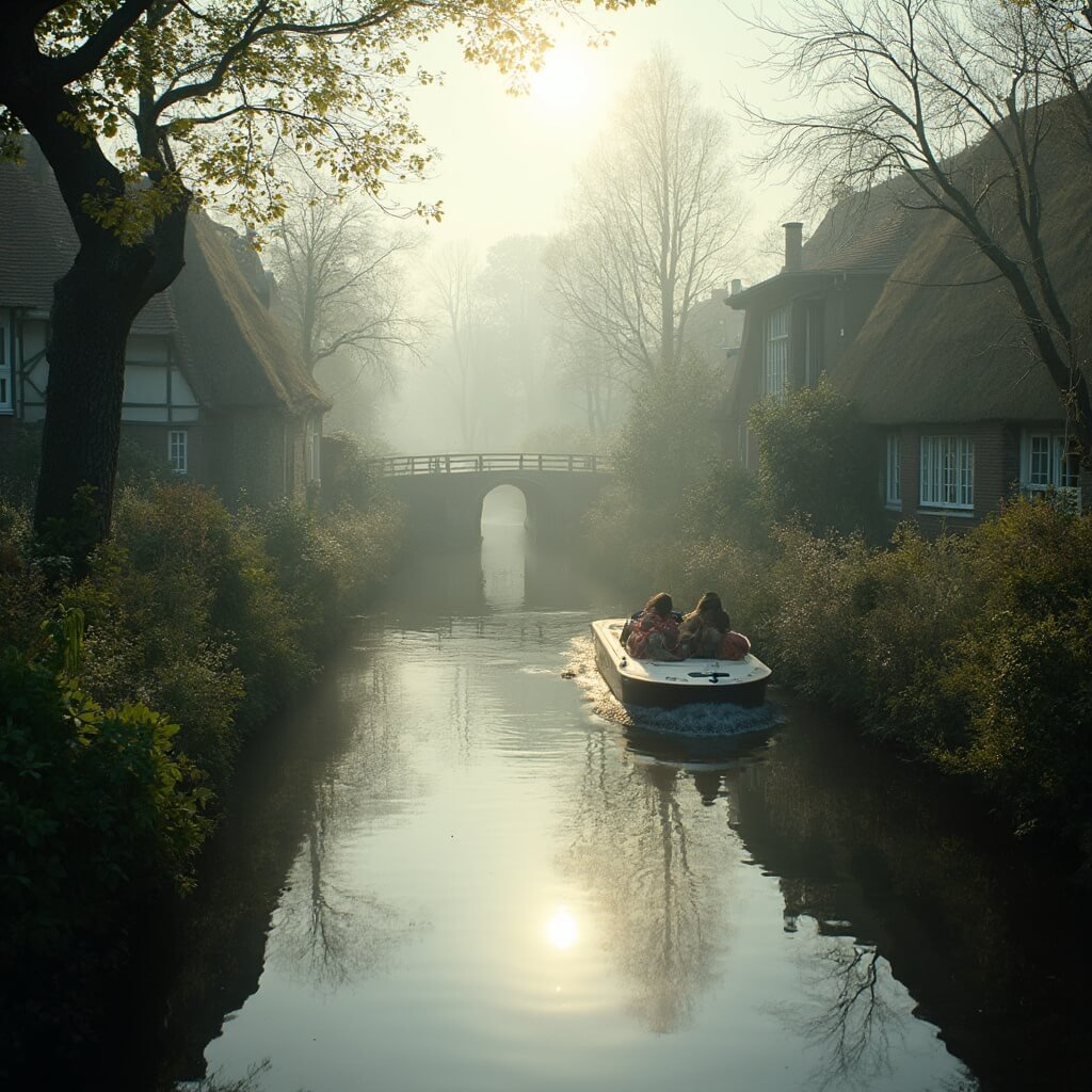 Ontdek Nederland: De Ultieme Gids voor Onvergetelijke Uitstapjes Cinematische fotografie van Giethoorn met etherische kanalen, zacht ochtendlicht dat traditionele rieten cottages verlicht, een fluisterstille elektrische boot die door smalle waterwegen glijdt, en reflecties op het spiegelgladde water. Gedetailleerde compositie met architectonisch erfgoed, ingewikkelde houten bruggen en weelderige groene vegetatie. Serene sfeer van een Nederlands dorp met een unieke watergebonden cultuur.