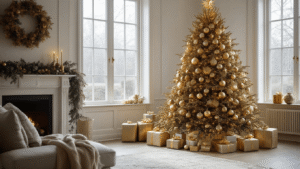 Gouden Kerstboom Styling: Zo Creëer Je Een Luxe Kerstsfeer Luxueuze Nederlandse woonkamer met gouden kerstboom, champagnegouden kerstballen, donkerrode accenten en blauwe ornamenten, verlicht door winterzonlicht.