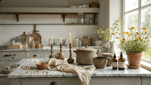 DIY Kaarsen en Wax Melts Maken: Mijn Complete Gids voor Beginners Rustieke Nederlandse keuken met marmeren werkblad, georganiseerde kaarsmaakspullen zoals sojawas pellets in glazen potten, katoenen lonten, koperen smeltpan, etherische oliën, en siliconen vormpjes. Zacht ochtendlicht door linnengordijnen in een neutraal kleurenpalet van wit, sagegroen en licht hout, met een warme, uitnodigende sfeer.