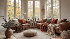 Herfststyling in Huis: Zo Transformeer Je Jouw Interieur in een Warm Herfstparadijs Gezellige Nederlandse woonkamer met herfststyling, inclusief een leren bank met chunky knit plaid in mocha, bordeaux fluwelen kussens, bosgroen kunstbont accent en warme kaarslicht.