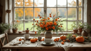 Herfstkrans Maken: Mijn Complete Gids Voor Een Prachtige Herfstdeur Warme Nederlandse boerenkeuken met rustieke houten tafel vol natuurlijke materialen voor het maken van een herfstkrans, waaronder dennentakken, gedroogde hortensia's, dennenappels, physalis lampionnetjes en skimmia besjes, met een halfvoltooide krans in zachte herfstverlichting.