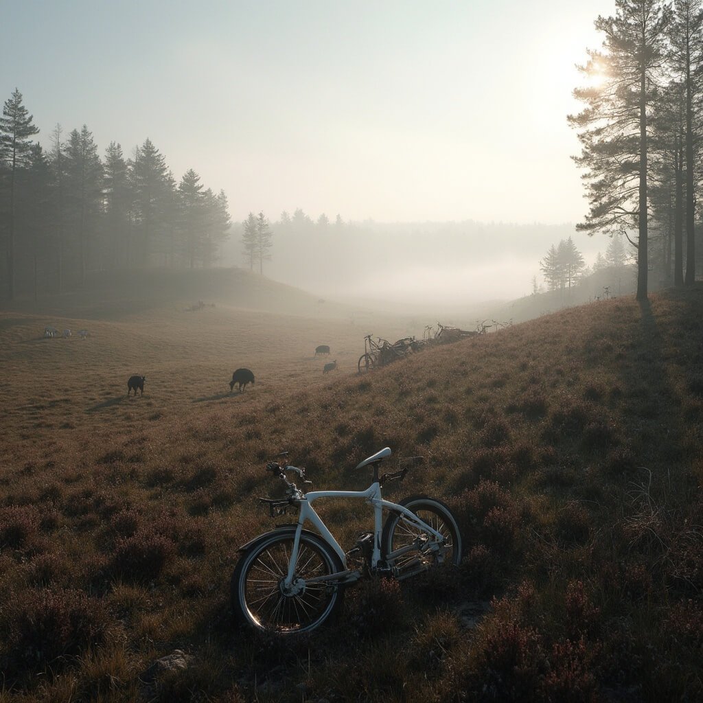 Ontdek Nederland: De Ultieme Gids voor Onvergetelijke Uitstapjes Ultra-detaillandschap van Hoge Veluwe National Park met uitgestrekte dennen- en heidevelden in dramatisch ochtendlicht, witte fietsen in de voorgrond en wilde zwijnen op de achtergrond, met een mistige atmosfeer die ecologische diversiteit onthult.