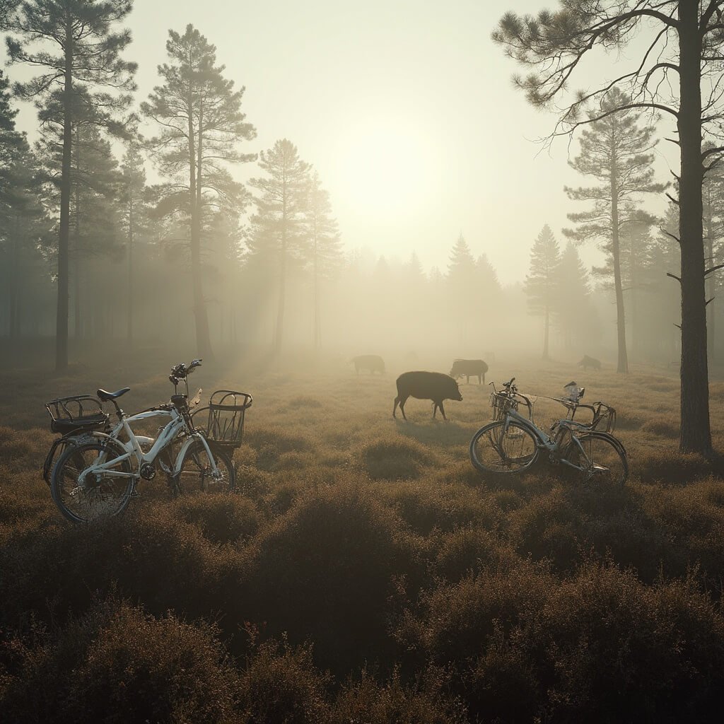 Ontdek Nederland: De Ultieme Gids voor Onvergetelijke Uitstapjes Ultra-detailed landscape of Hoge Veluwe National Park featuring vast pine and heather fields at dawn, with white bicycles in the foreground, wild boars in the mid-distance, and soft mist enveloping the terrain, emphasizing the tranquility and ecological diversity of the wilderness.
