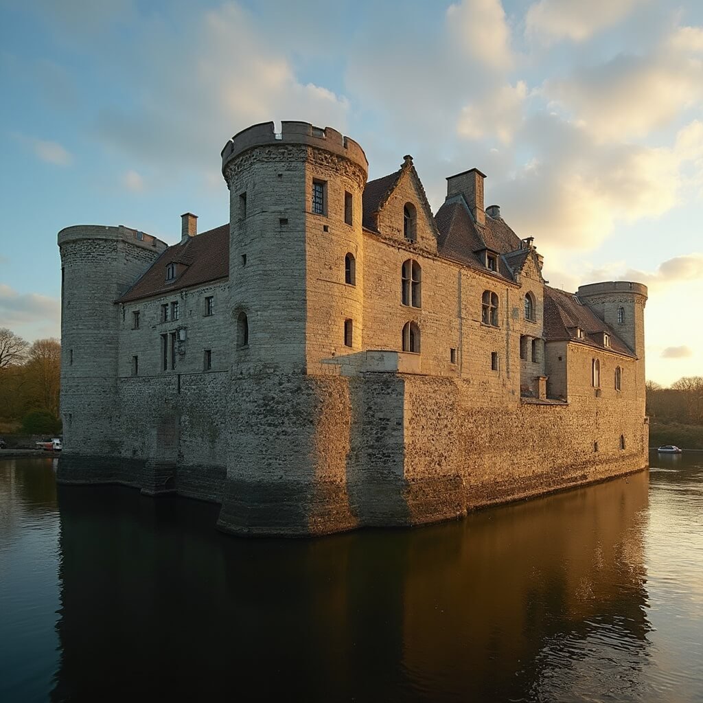 De Ultieme Gids voor Onvergetelijke Uitstapjes in Brabant: Ontdek de Verborgen Schatten van Deze Geweldige Provincie! Dramatic architectural photograph of Kasteel Maurick, a medieval stone castle on a small green island, illuminated by golden hour lighting that highlights the intricate stone textures and casts deep shadows, with its reflection in the surrounding water, captured with a wide-angle lens to emphasize the grandeur and symmetry of the castle complex.