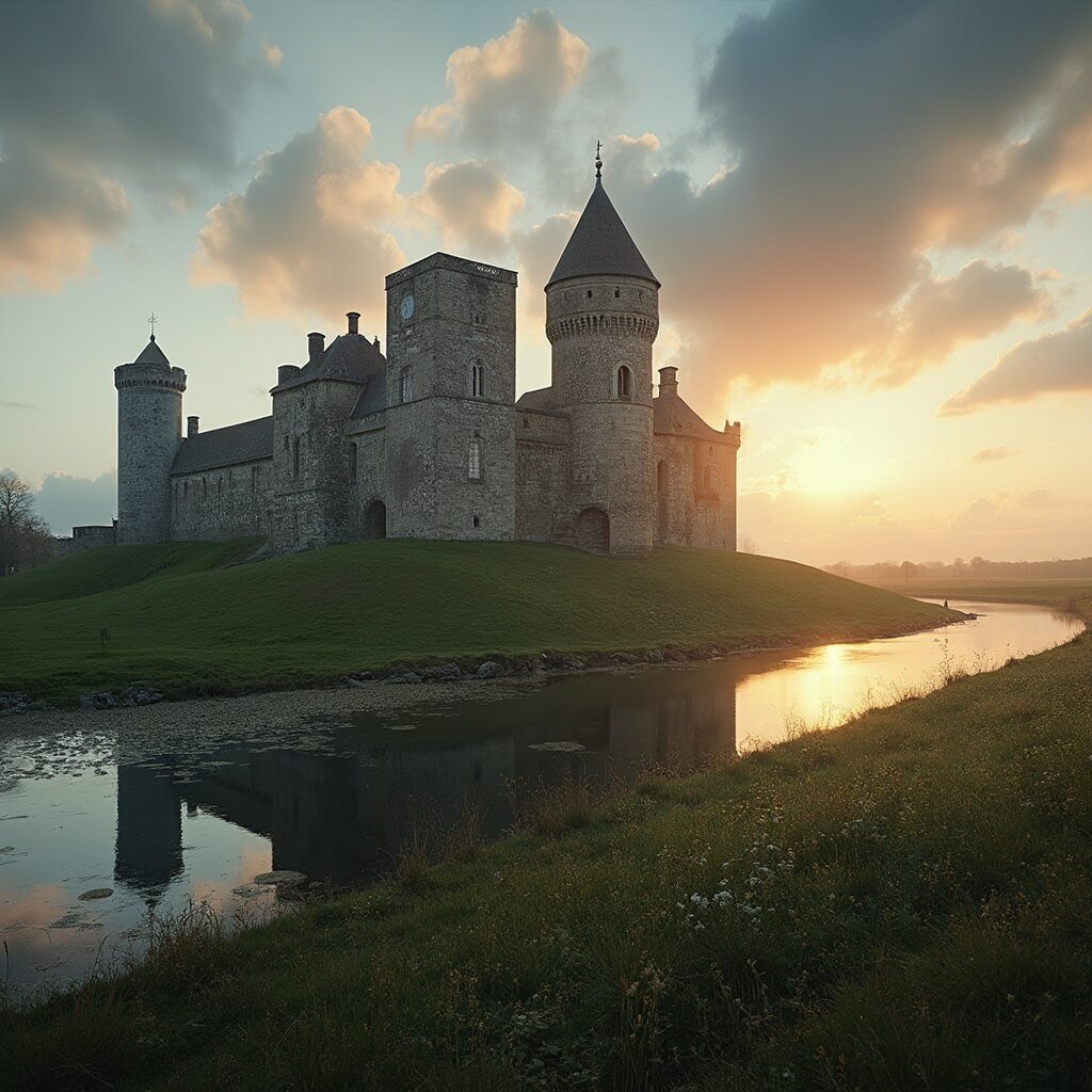 De Ultieme Gids voor Onvergetelijke Uitstapjes in Brabant: Ontdek de Verborgen Schatten van Deze Geweldige Provincie! Dramatische architectuurfotografie van Kasteel Maurick in Vught, middeleeuws stenen kasteel gelegen op een groen eiland, gouden uurlicht creëert dramatische schaduwen op de oude stenen muren, reflectie in het omliggende water, ultra-gedetailleerde steenstructuren, professionele architecturale documentatiestijl, groothoeklens die het volledige kasteelcomplex vastlegt, met zorgvuldig samengestelde lijnen die historische grandeur en architectonische symmetrie benadrukken.