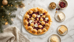 Pizza Kerstboom: Zo Maak Je Deze Feestelijke Eyecatcher Voor Je Kerstdiner Kerstboom-vormige pizza met cranberry compote, camembert, walnoten en mozzarella op een marmeren werkblad, omringd door warme winterse verlichting en gezellige decoraties.
