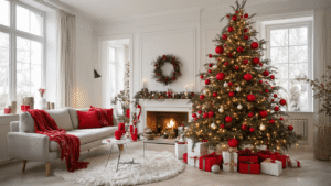 Kerstboom Rood Wit: Zo Creëer je de Perfecte Klassieke Kerstsfeer Een elegante kerstboom in rood-wit thema staat in een sfeervolle Nederlandse woonkamer, omringd door warme LED-verlichting, glanzende kerstballen, witte veren en vintage lampen, op een hardhouten vloer met een crème wollen kleed.