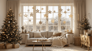 Kerstversiering voor je Raam: Toveren met Feestelijke Details Gezellige woonkamer met grote ramen, versierd met gouden metalen kerststerren, dennentakken met kerstballen, LED-verlichting, en krijtstift tekeningen. Warm licht valt op beige bank en houten salontafel, met een hygge sfeer van kaarslicht en zachte kleuren.