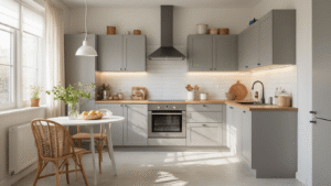 Kleine Keuken Indeling Optimaliseren: Mijn Ervaring met Ruimte Maximaliseren Een uitnodigende L-vormige keuken met lichtgrijze hoogglans kasten, houten accenten, een ronde keukentafel en decoratieve elementen, verlicht door zachte ochtendzon.