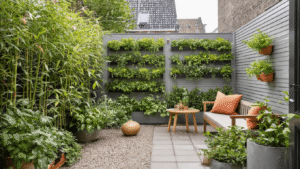 Kleine Tuin Slim Inrichten: Van Postzegel naar Paradijs Stedelijke tuin van 22 m² met verticale kruidentuin, hangende terracotta potten, opvouwbare teakhouten meubels en warme aardetinten.