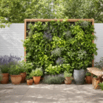 Detailopname van een gezellige Nederlandse tuinhoek met een verticale plantenmuur, terracotta potten met lavendel en kruiden, houten klimrekken vol klimplanten, en warme aardse texturen in zacht ochtendlicht.