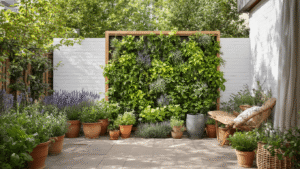 Detailopname van een gezellige Nederlandse tuinhoek met een verticale plantenmuur, terracotta potten met lavendel en kruiden, houten klimrekken vol klimplanten, en warme aardse texturen in zacht ochtendlicht.