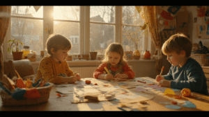 Knutselen met kinderen: Van chaos naar creatieve meesterwerken Gezellige woonkamer omgevormd tot knutselparadijs, met warme verlichting, kleurrijke knutselspullen, en kinderen die creatief bezig zijn met lijm en stickers, omringd door neutrale tinten en primaire kleuren.