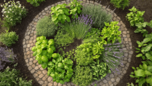 Kruiden en Eetbare Planten Combineren: Jouw Gids Voor een Heerlijk Mooie Tuin Cinematische overhead opname van een Nederlandse kruidenspiraal in zacht ochtendlicht, met mediterrane kruiden en natuurlijke elementen op een verweerde houten tafel.