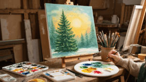 Kerstboom Schilderen: Zo Creëer Je De Mooiste Kunstwerken Dit Seizoen Artistiek Nederlandse werkplek met kerstboom schilderij, warme verlichting, aquarel en acrylverf, penselen, en dampende thee, omgeven door een zachte winterse sfeer.