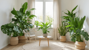 Binnenplanten die Lucht Zuiveren: Mijn Complete Gids voor Frisse Lucht in Huis Serene Nederlandse woonkamer met luchtzuiverende planten, waaronder Monstera Deliciosa, Sansevieria en Spathiphyllum, verlicht door zacht ochtendlicht door linnen gordijnen, op Scandinavisch houten vloer met moderne keramische potten en natuurlijke accenten.