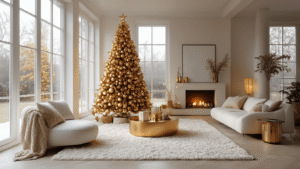 Gouden Kerstboom: Zo Maak Je Het Écht Stijlvol Moderne luxe woonkamer met een 180 cm hoge metallic gouden kunstkerstboom, champagnegouden en witte ornamenten, en warme amber LED-verlichting.
