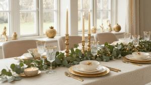 Gouden Kerst Tafel Decoraties: Zo Maak Jij van Je Kersttafel Een Warm-Chique Blikvanger Luxueuze kersttafel met crème linnen tafelkleed, eucalyptusguirlande en gouden decoraties, vintage kandelaars met kaarslicht, porseleinen borden, kristallen wijnglazen, en een warme, gastvrije sfeer in gouden uur verlichting.