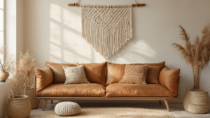 Zelf Muurhangers en Wandkleden Maken: Jouw Gids Voor Unieke Wanddecoratie Handgemaakt macramé wandkleed van natuurlijk koord boven vintage leren bank, warm ochtendlicht, create sfeer in boho-interieur met neutrale kleuren en gevlochten patronen.