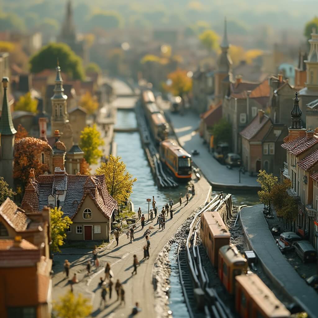 Uitstapjes Zuid-Holland: De Ultieme Gezinsgids voor Onvergetelijke Avonturen! Een gedetailleerde foto van een architectonisch miniatuurlandschap van Madurodam, met nauwkeurig geschaalde gebouwen, treinen en waterwegen, verlicht door zonlicht dat scherpe schaduwen werpt over het terrein, met menselijke figuren die tussen de miniatuurmonumenten lopen in een panoramische compositie.