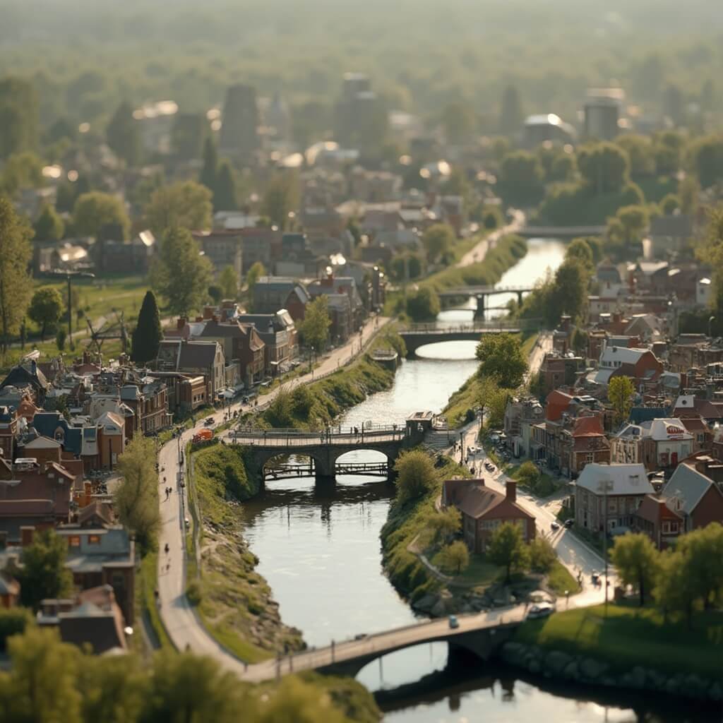 Leuke Uitstapjes Nederland: Ontdek de Verborgen Parels van Nederlandse Pret! Hypergedetailleerde miniatuurlandschapsfotografie van Madurodam in Den Haag, met nauwkeurige schaalmodellen van Nederlandse infrastructuur en landmarks, verlicht door zacht ochtendlicht dat delicate schaduwen werpt over het landschap.